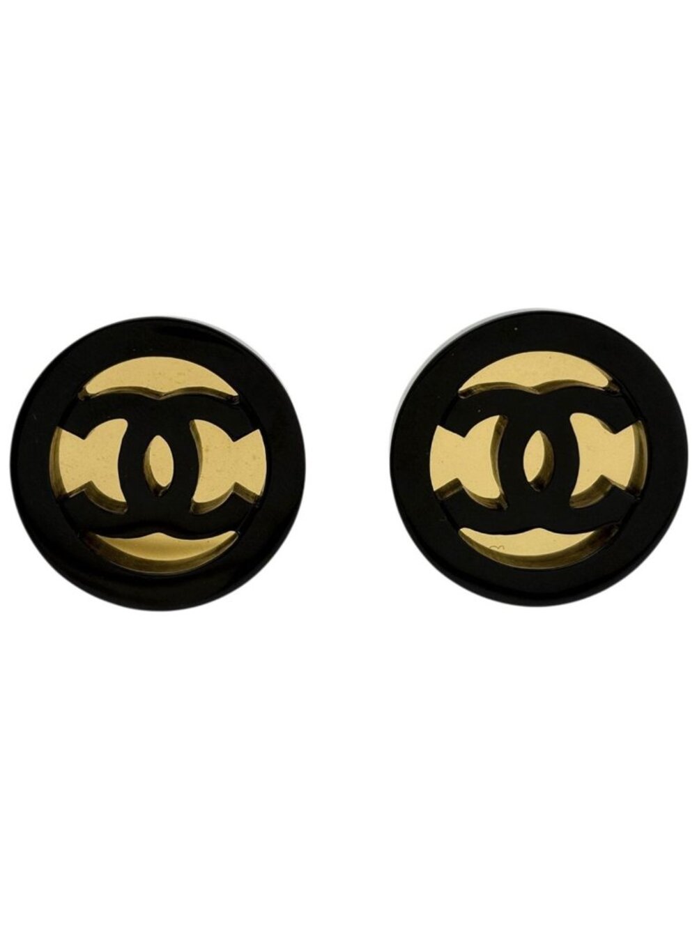 Chanel Earrings CC Logo Round Plastic Black Gold